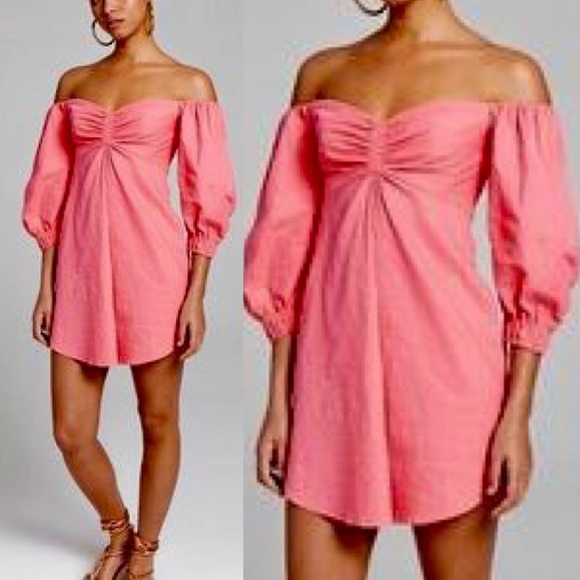 A.L.C. Mila Pink Linen Blend Off the Shoulder Mini Dress Size 4 - Picture 8 of 12